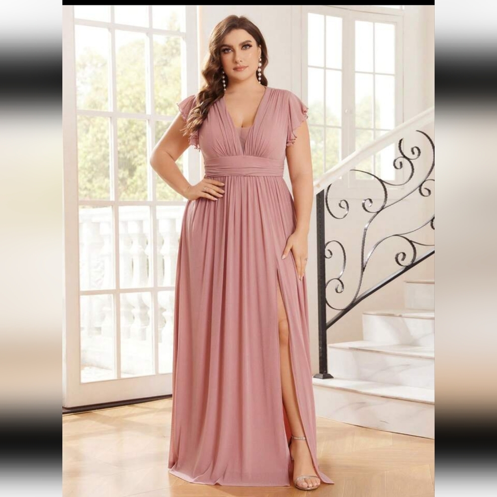 Pink Pleated Maxi Gown with V-Neck and Flutter Sleeves